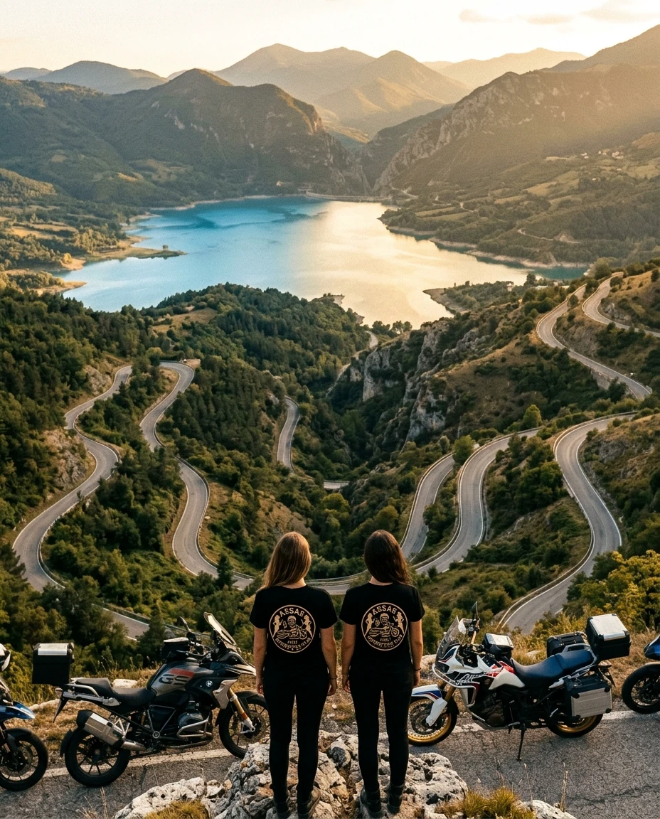 Paesaggio del Cicolano con lago e curve, moto adventure parcheggiate